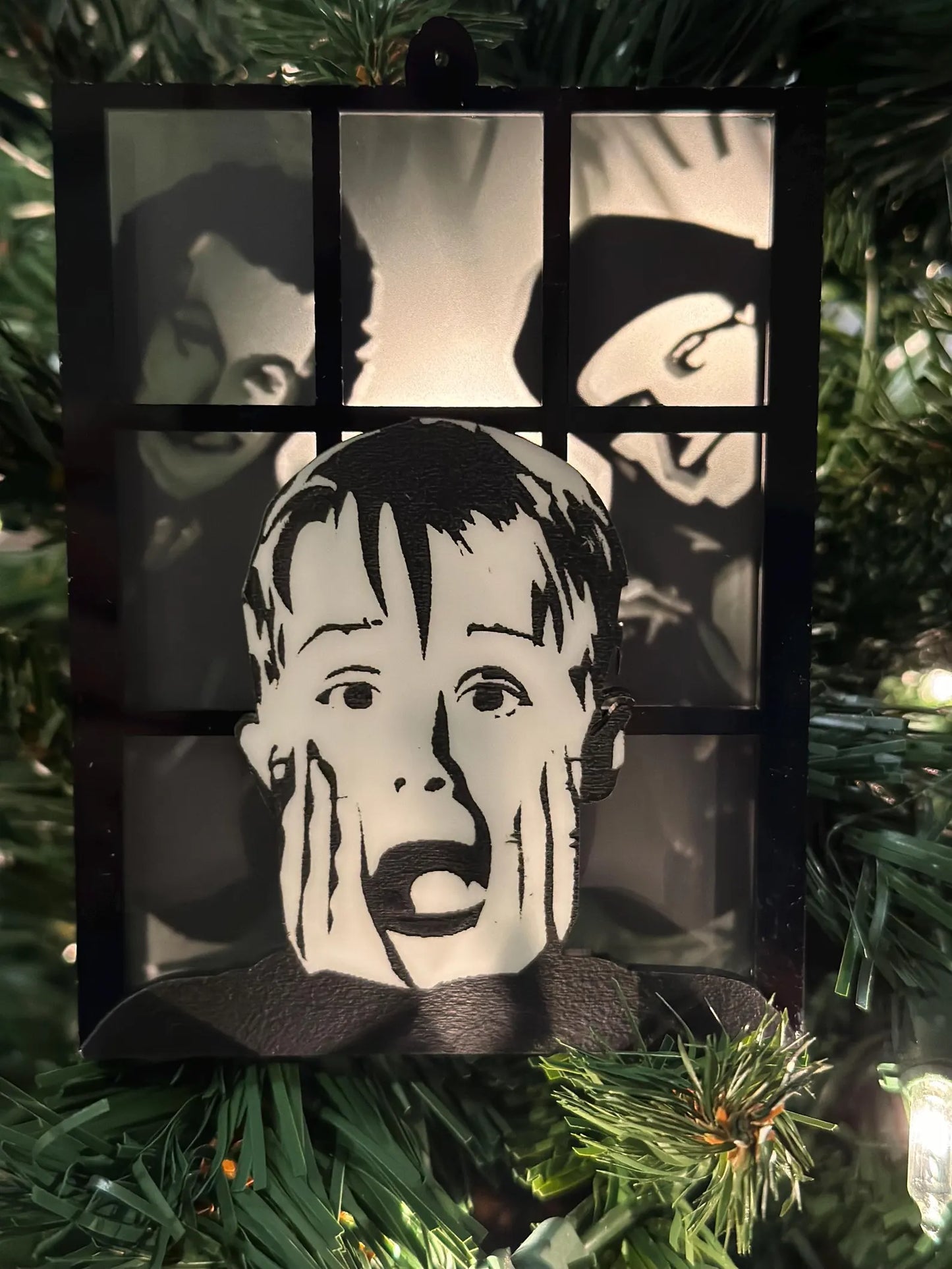 Home Alone inspired ornament - transleucent to show Kevin McCallister Harry and Marv peeking in the window
