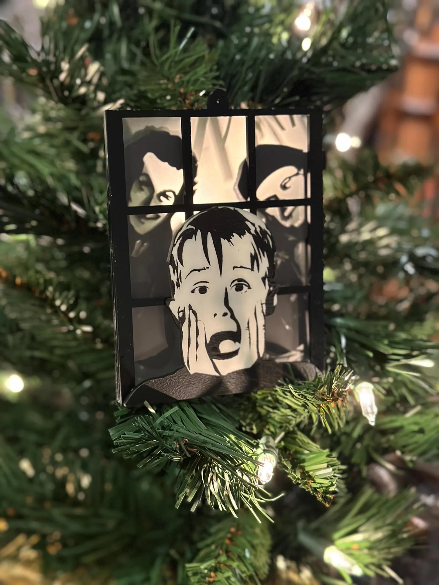 Home Alone inspired ornament - transleucent to show Kevin McCallister Harry and Marv peeking in the window