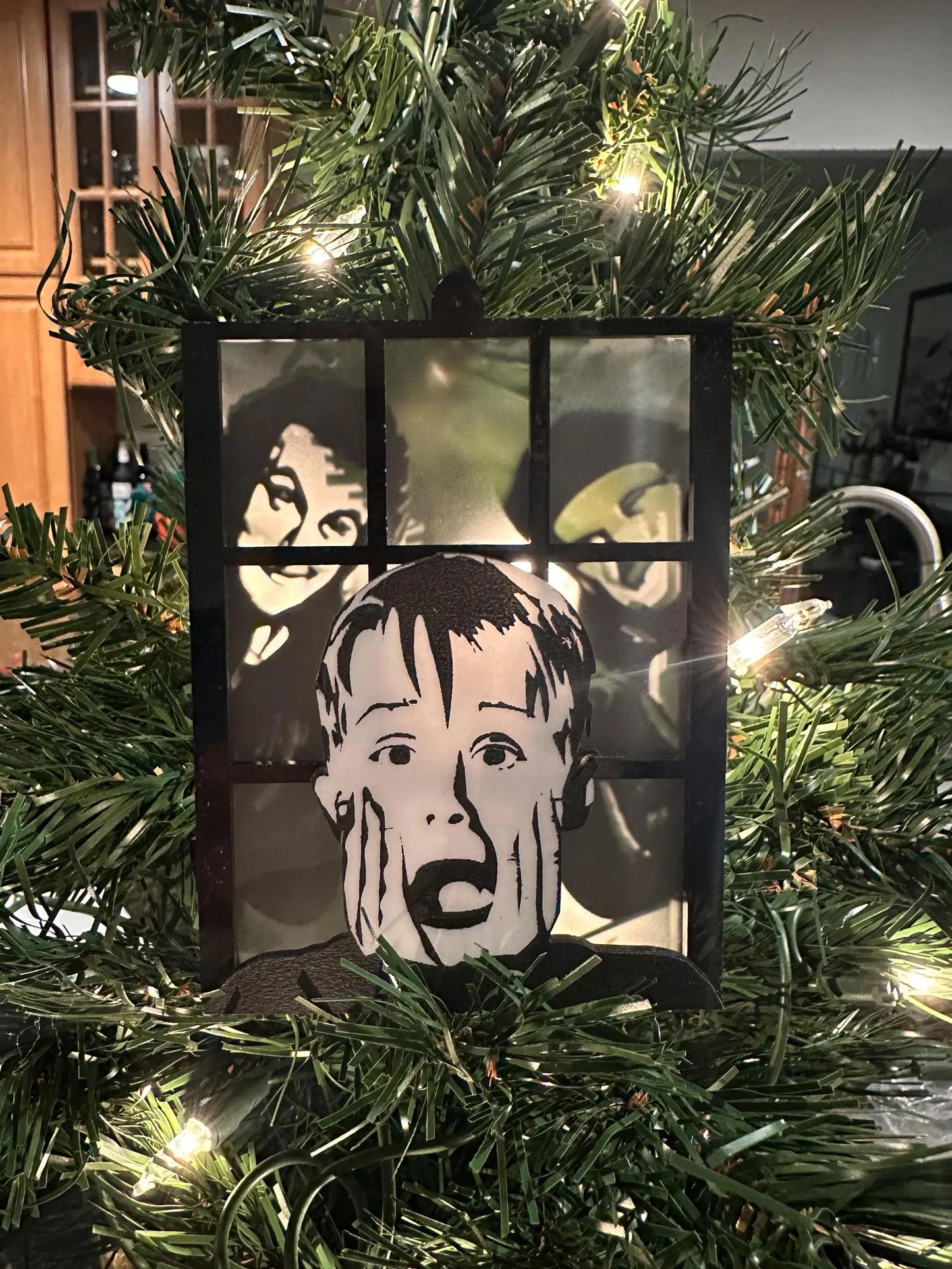 Home Alone inspired ornament - transleucent to show Kevin McCallister Harry and Marv peeking in the window