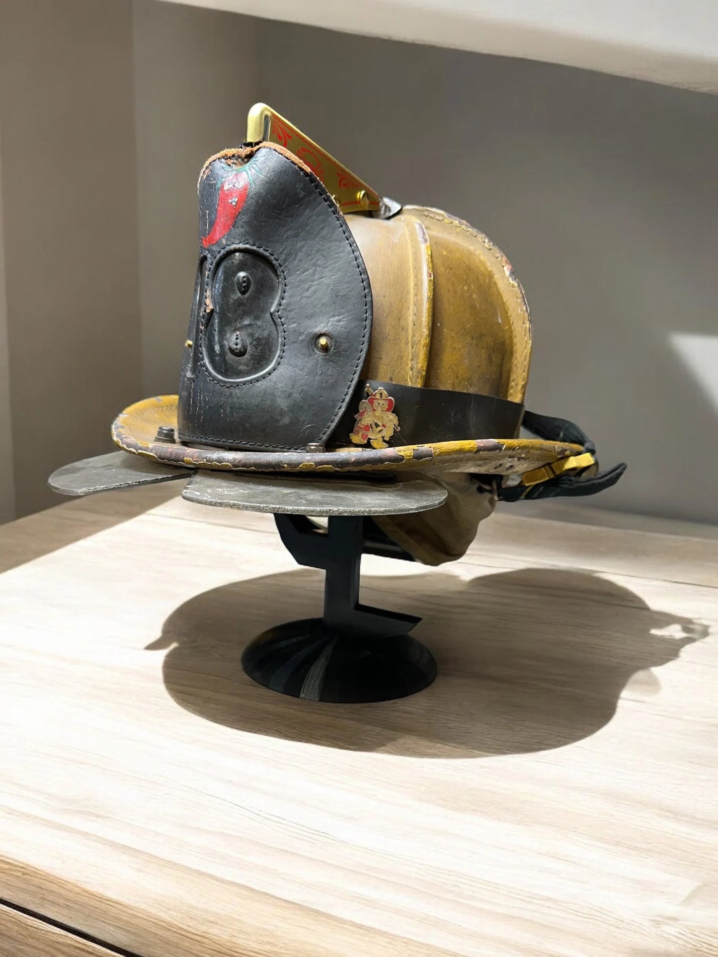 Fire Helmet TABLE TOP Display New York Roof Hook or Halligan Bar (really it works with any helmet you can think of)