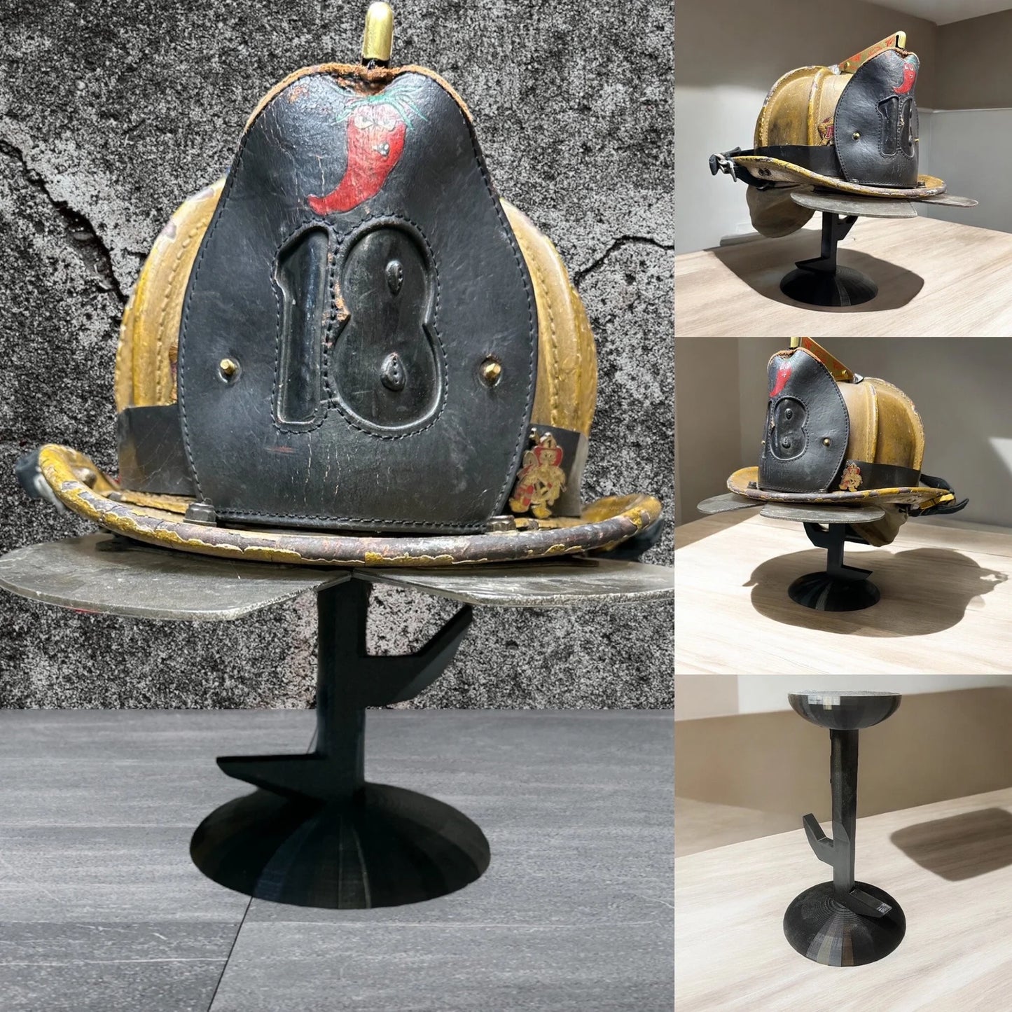 Fire Helmet TABLE TOP Display New York Roof Hook or Halligan Bar (really it works with any helmet you can think of)