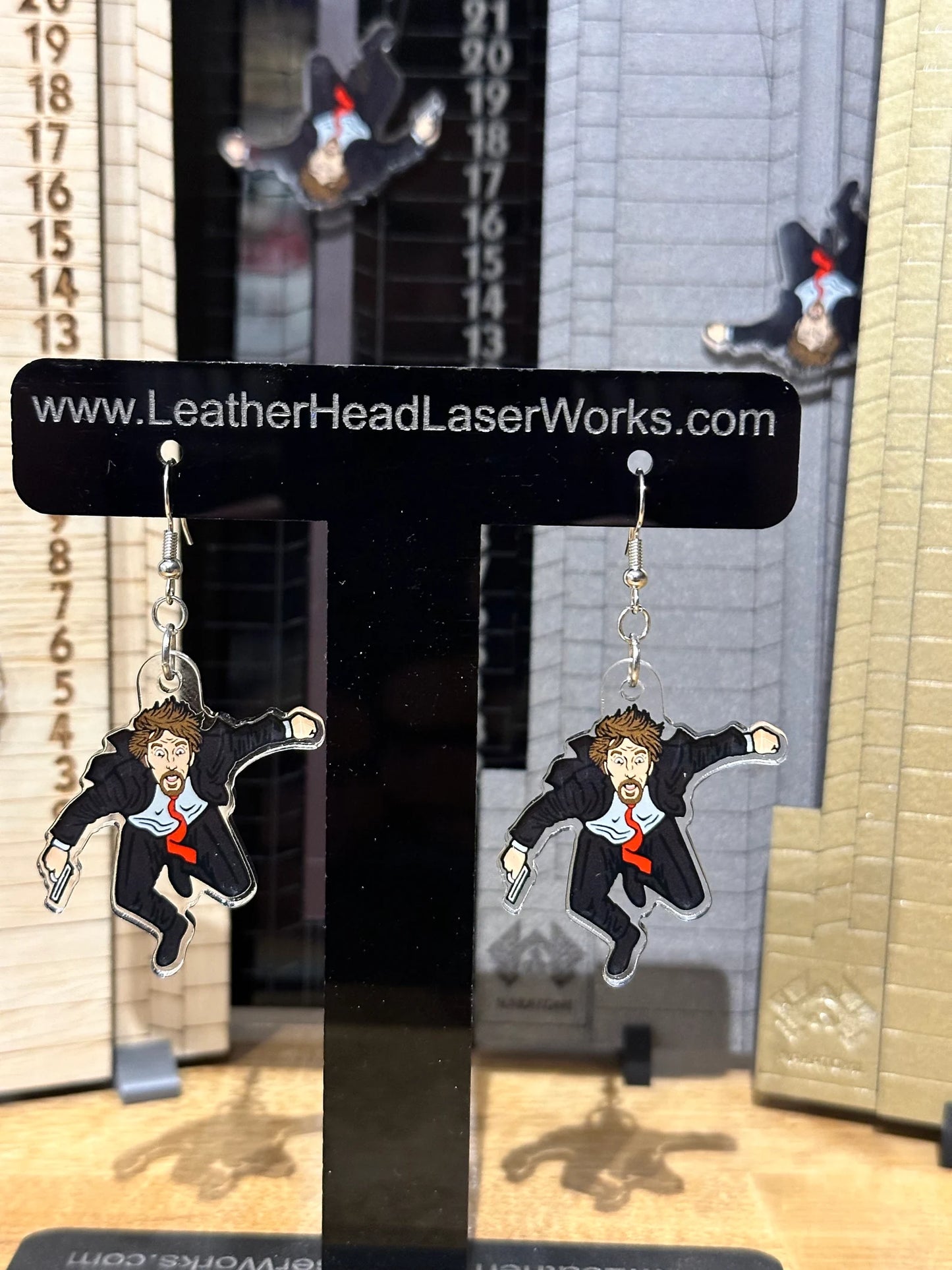 Hans Gruber Falling off Nakatomi Plaza Earrings inspired by Die Hard