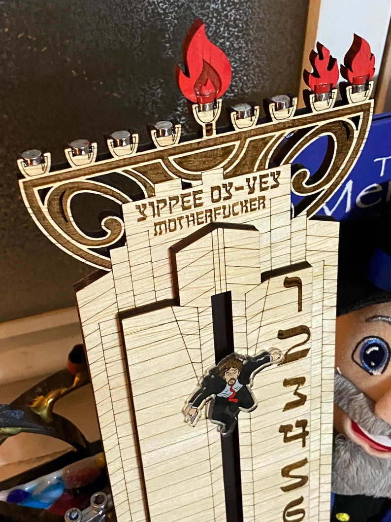 HANUKKAH Die Hard Advent Calendar - Yippee Oy Vey - Hans Gruber Falling off Nakatomi Plaza - NATURAL color with Multi-Color Hans