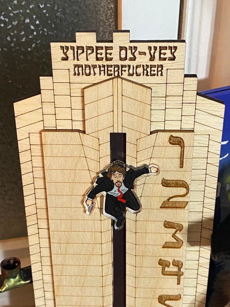 HANUKKAH Die Hard Advent Calendar - Yippee Oy Vey - Hans Gruber Falling off Nakatomi Plaza - NATURAL color with Multi-Color Hans