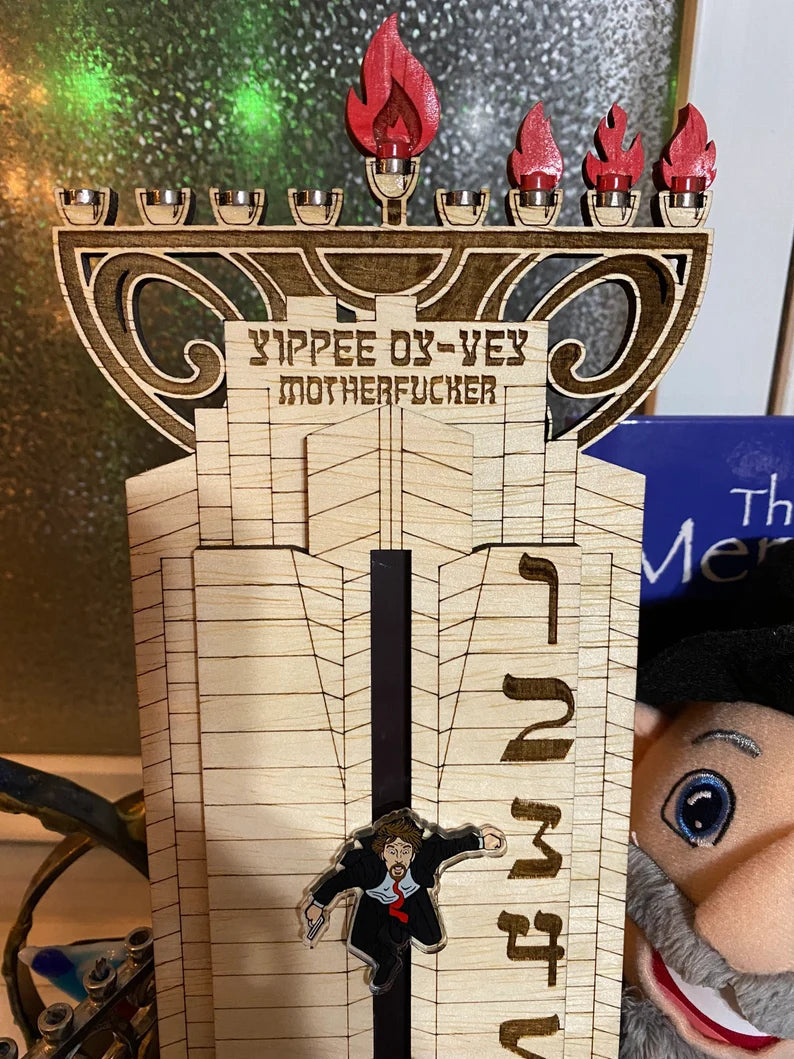 HANUKKAH Die Hard Advent Calendar - Yippee Oy Vey - Hans Gruber Falling off Nakatomi Plaza - NATURAL color with Multi-Color Hans