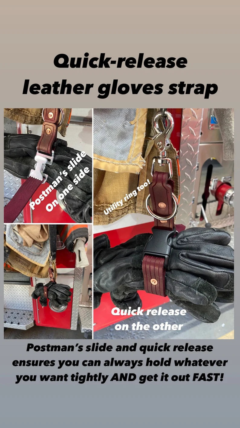 Firefighter glove strap, quick release with utility ring (also works as a tool wrap)
