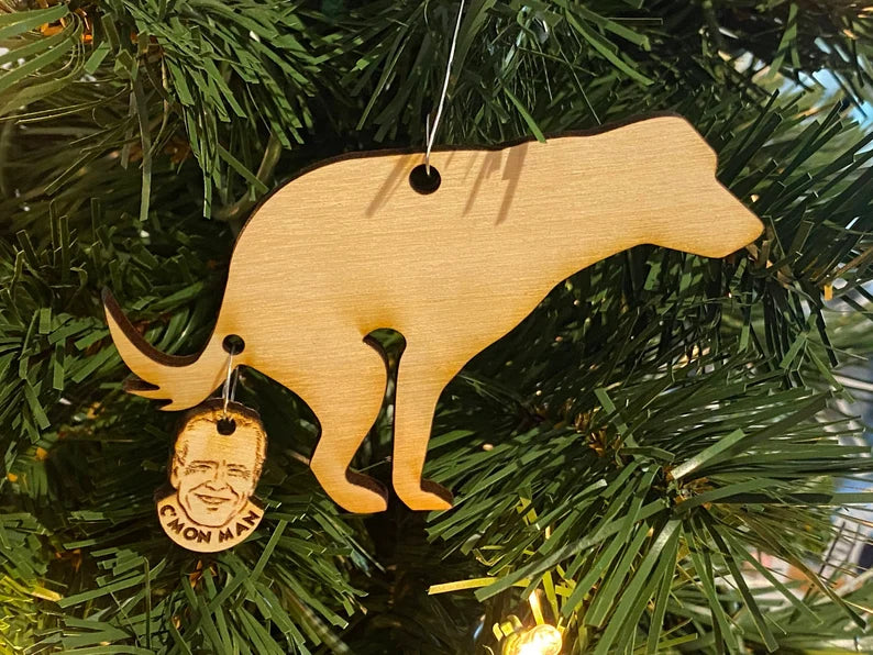 2024 pooping dog ornament, Human head, Donald Trump OR Joe Biden - Funny holiday 2024 Christmas ornament or magnet