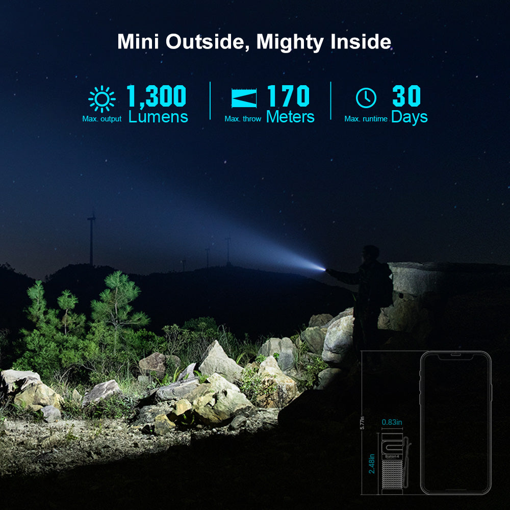 Baton 4 1,300-lumen beam lighting a dark outdoor scene