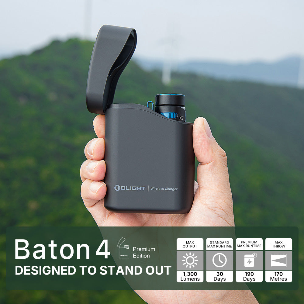 Baton 4 Premium charging case open with flashlight inside