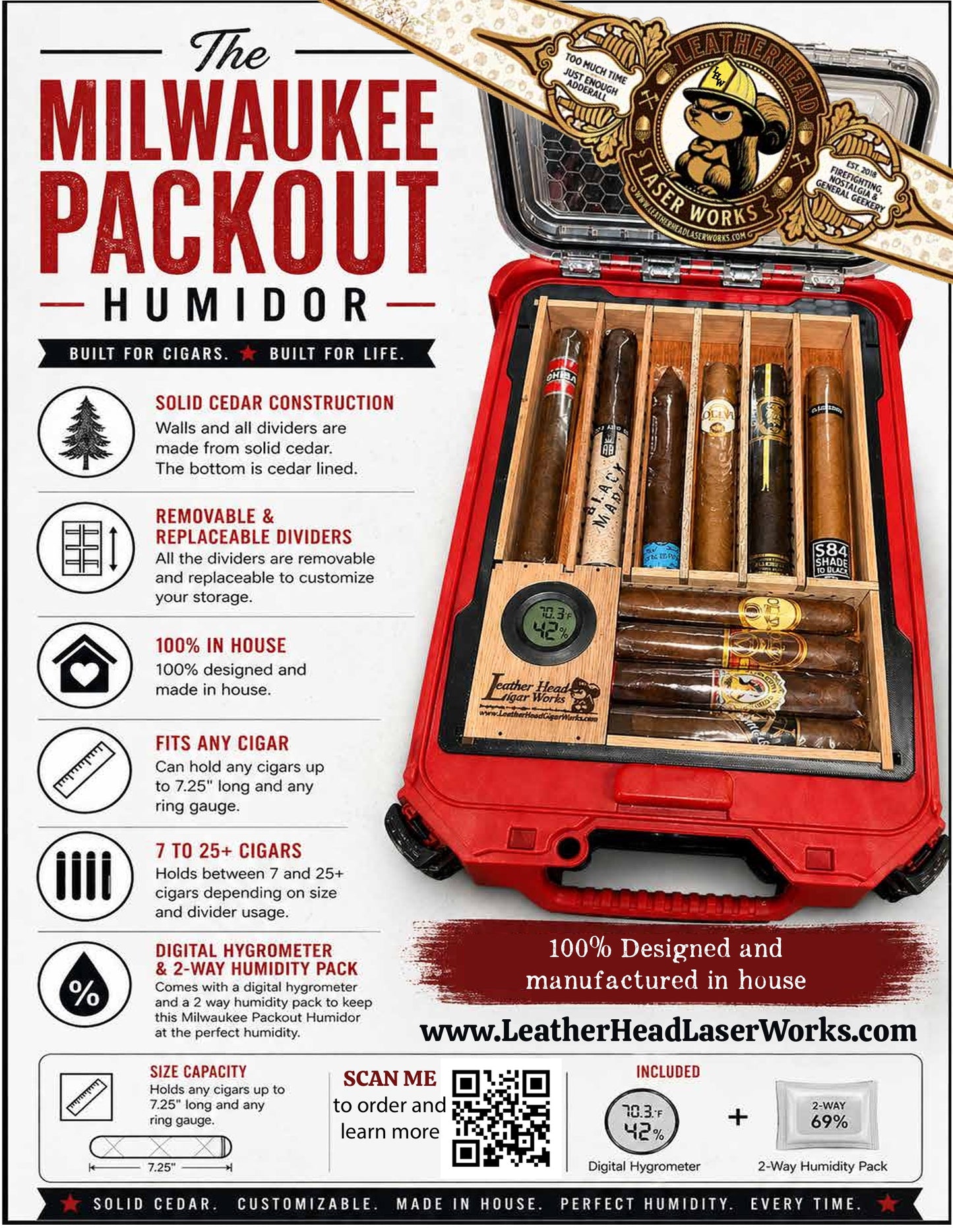 Humidor Milwaukee Slim Packout - 100% Cedar interior