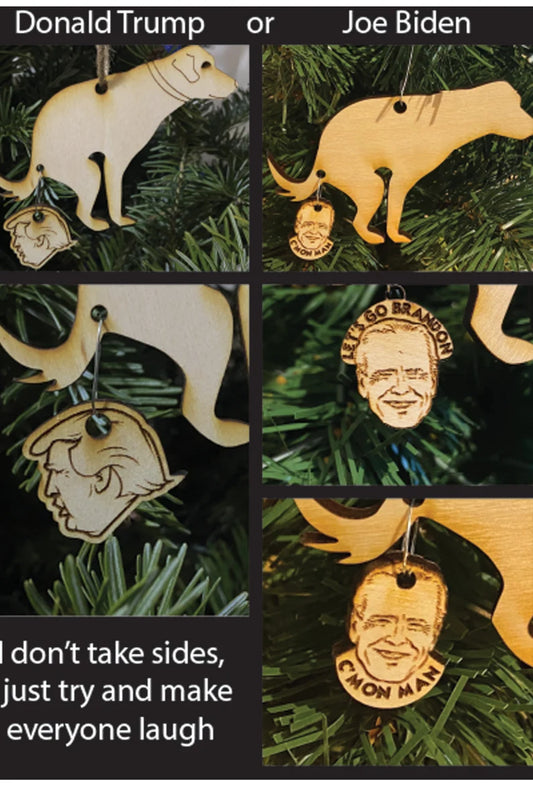 2024 pooping dog ornament, Human head, Donald Trump OR Joe Biden - Funny holiday 2024 Christmas ornament or magnet