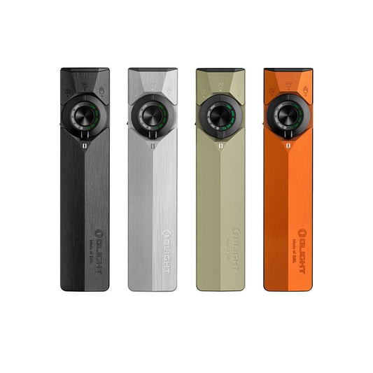 Olight ArkPro flat EDC flashlights in black, silver, green and orange
