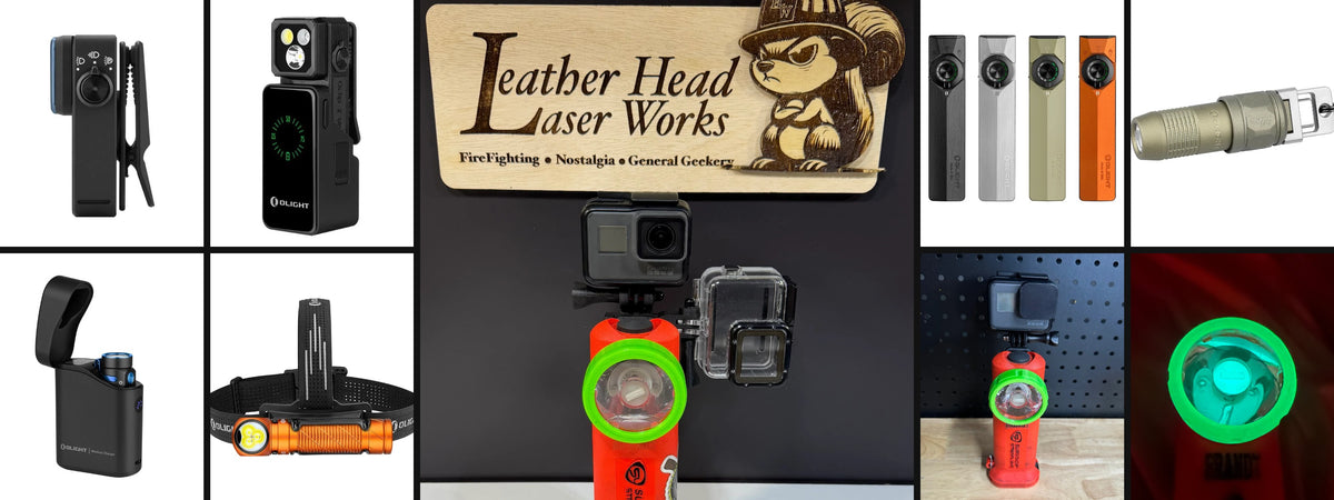 Olight and Leather Head Laser Works lights, GoPro mounts and glowing bezels