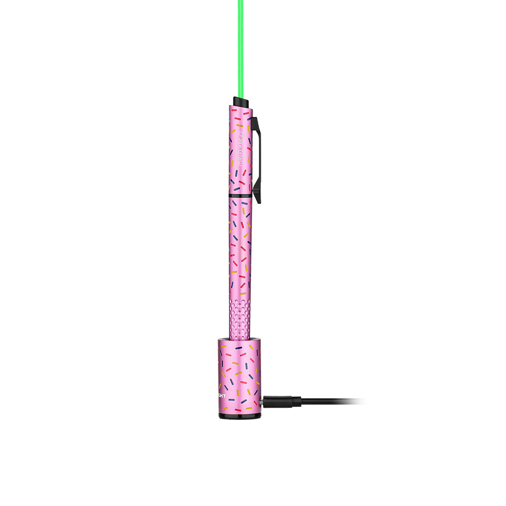 O'Pen Glow in Pink Sprinkles with green laser in its charging base