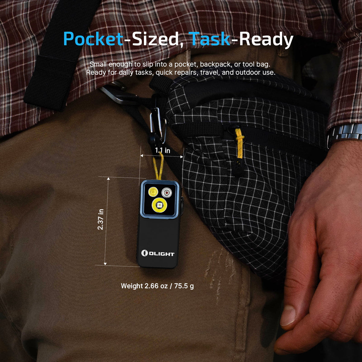 Oclip 2 Pro compact size clipped to a waist bag