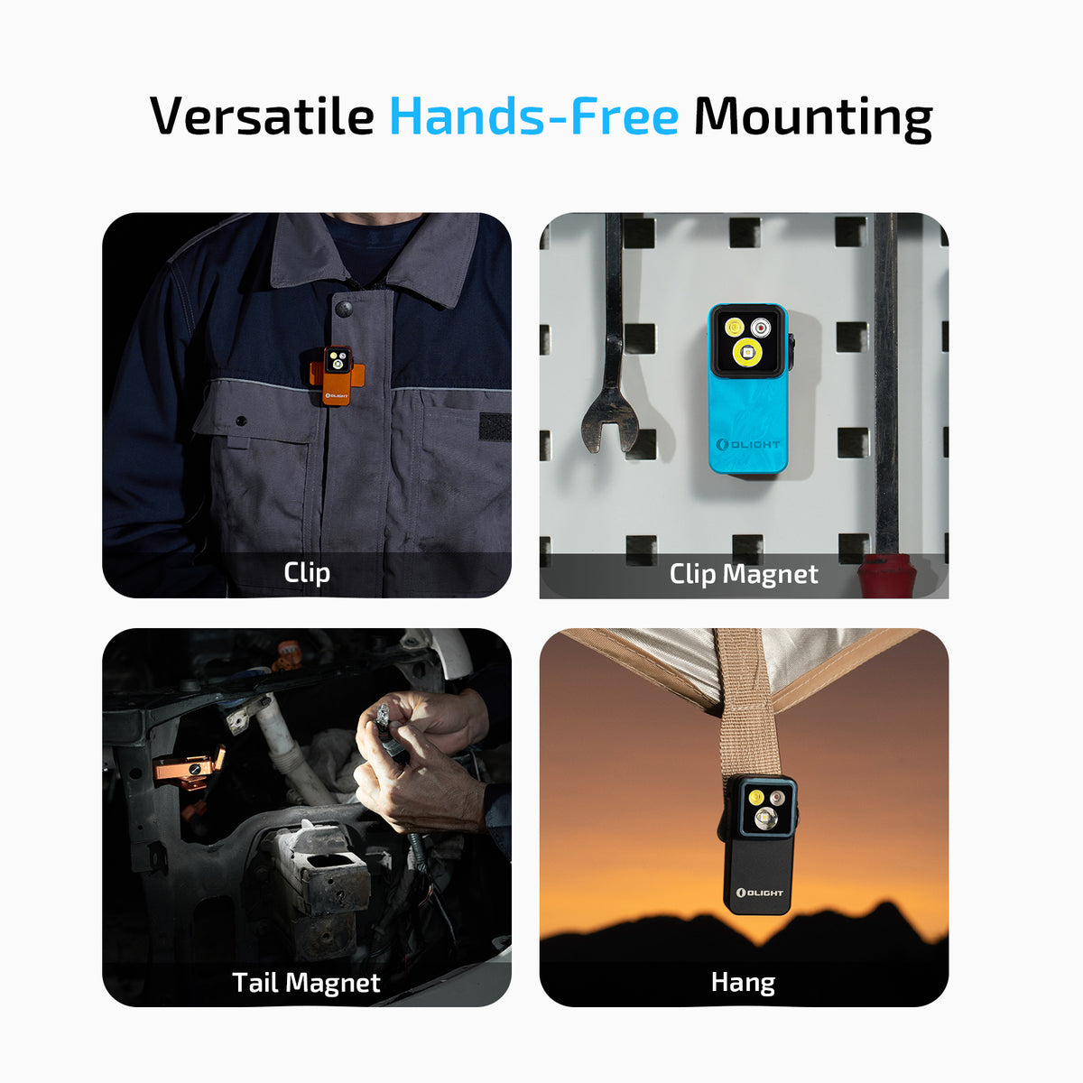 Oclip 2 Pro magnetic, clip-on and hanging mounting options